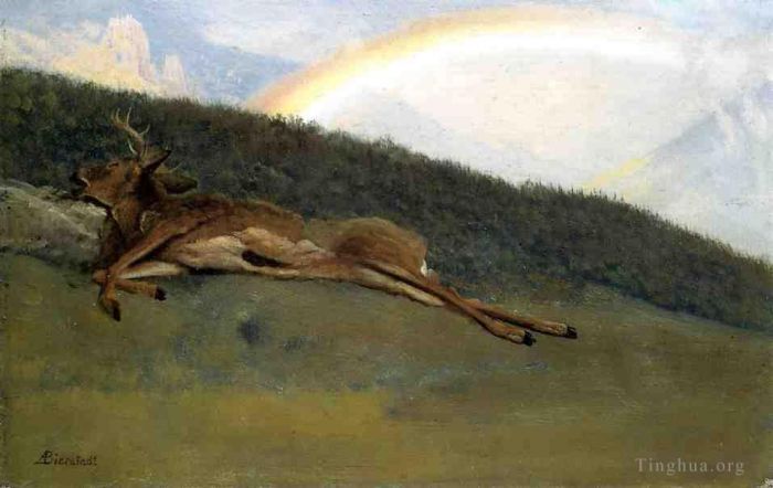 Albert Bierstadt Peinture à l'huile - Arc-en-ciel sur le luminisme d'un cerf déchu