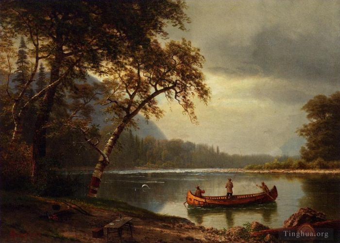Albert Bierstadt Peinture à l'huile - Pêche au saumon sur la rivière Cascapédiac