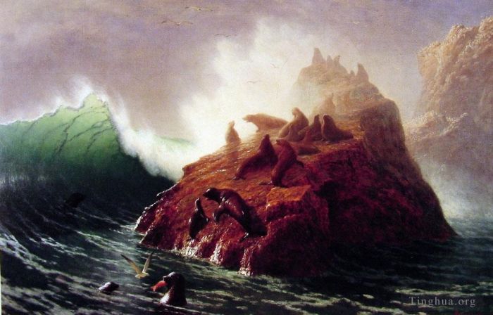 Albert Bierstadt Peinture à l'huile - Paysage marin luminisme de Seal Rock