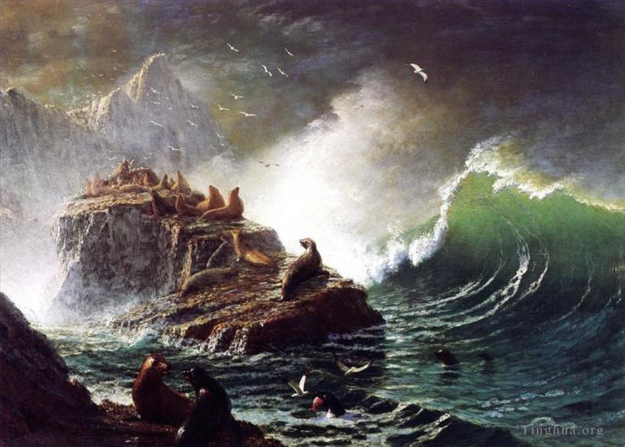 Albert Bierstadt Peinture à l'huile - Phoques sur les rochers Paysage marin luminisme des îles Farallon