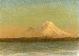 Albert Bierstadt œuvres - Montagne enneigée au paysage marin luminisme crépuscule