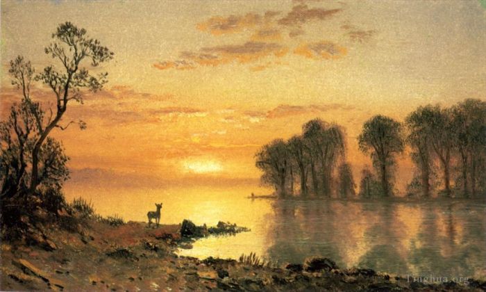 Albert Bierstadt Peinture à l'huile - Coucher de soleil sur le cerf et la rivière