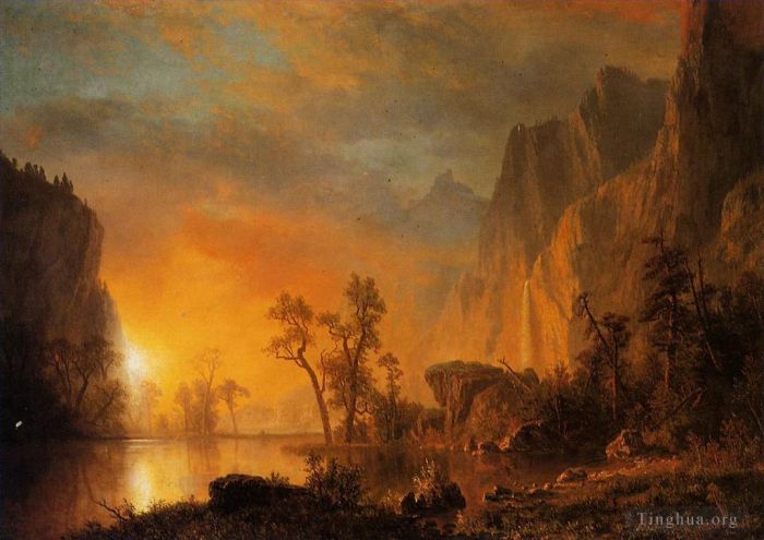 Albert Bierstadt Peinture à l'huile - Coucher de soleil dans les Rocheuses
