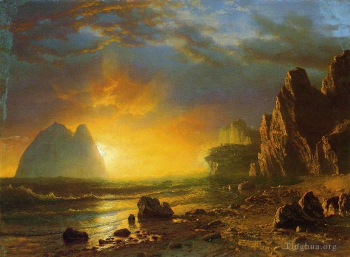 Albert Bierstadt Peinture à l'huile - Coucher de soleil sur la côte