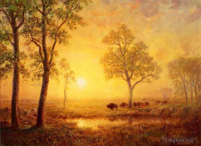 Albert Bierstadt Peinture à l'huile - Coucher de soleil sur la montagne