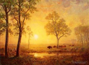 Albert Bierstadt œuvres - Coucher de soleil sur la montagne