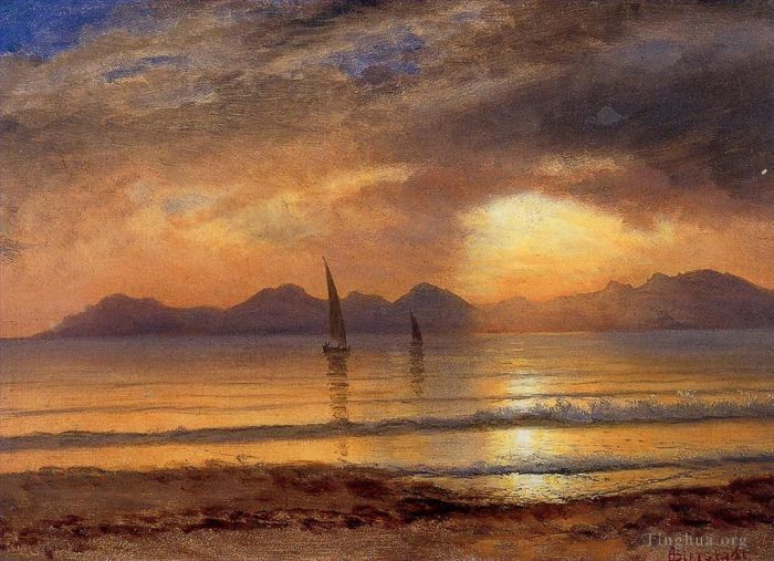 Albert Bierstadt Peinture à l'huile - Coucher de soleil sur un lac de montagne