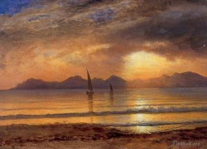 Albert Bierstadt œuvres - Coucher de soleil sur un lac de montagne