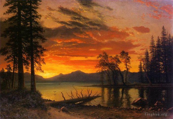 Albert Bierstadt Peinture à l'huile - Coucher de soleil sur la rivière