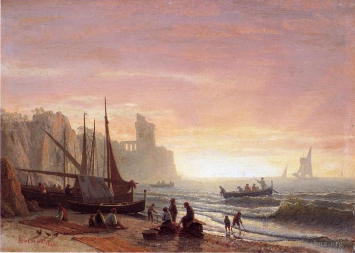 Albert Bierstadt Peinture à l'huile - Le luminisme de la flotte de pêche