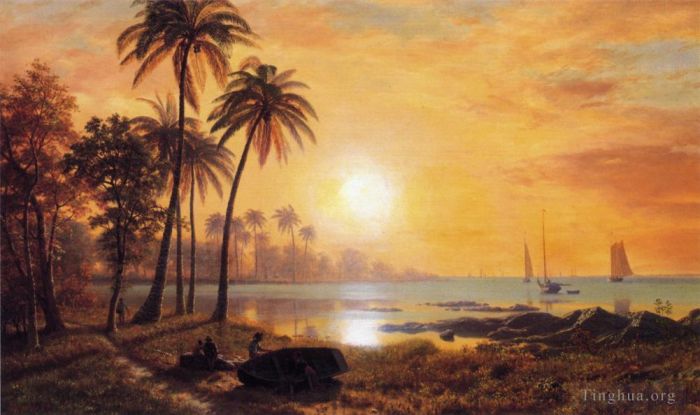 Albert Bierstadt Peinture à l'huile - Paysage tropical avec des bateaux de pêche dans la baie