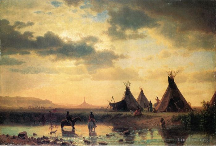 Albert Bierstadt Peinture à l'huile - Vue du village Sioux de Chimney Rock Ogalillalh en premier plan