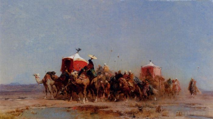 Alberto Pasini Peinture à l'huile - Caravane dans le désert