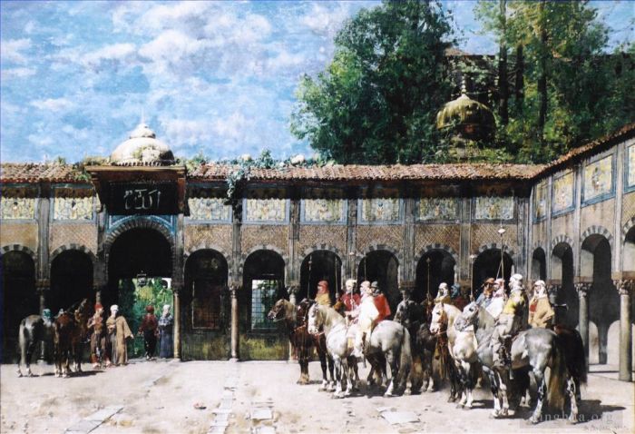 Alberto Pasini Peinture à l'huile - Cavalieri Circassi Che Aspettano Il Loro Capo