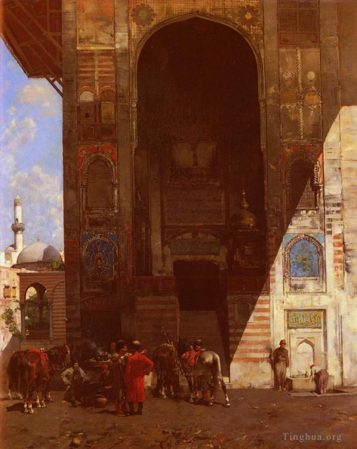 Alberto Pasini Peinture à l'huile - Halte À La Mosquée