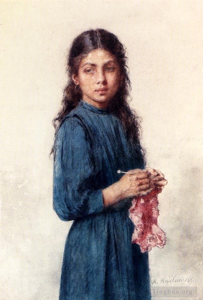 Alexei Alexeievich Harlamoff Peinture à l'huile - Une jeune fille tricotant