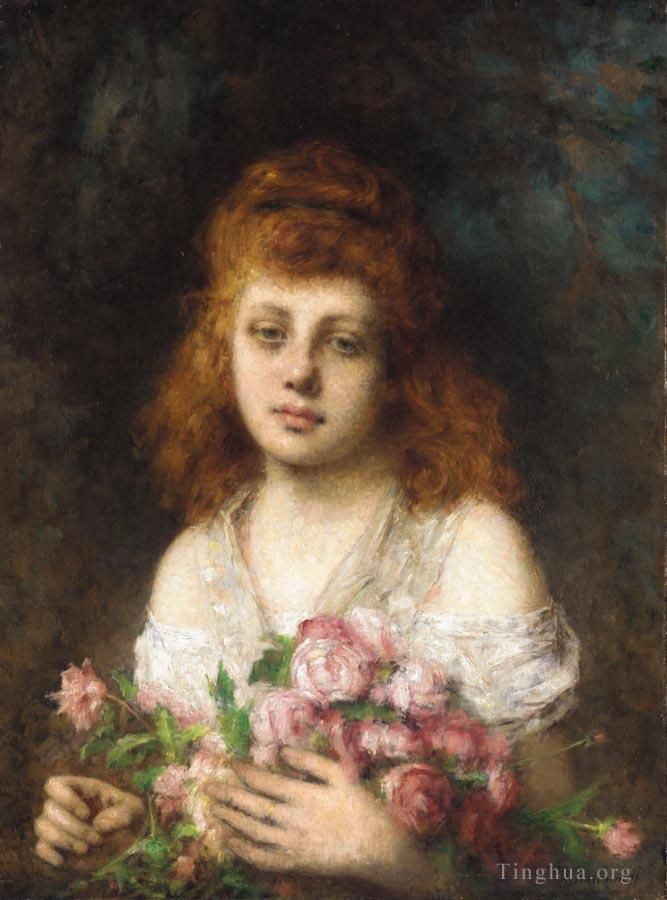 Alexei Alexeievich Harlamoff Peinture à l'huile - Beauté aux cheveux auburn avec bouquet de roses
