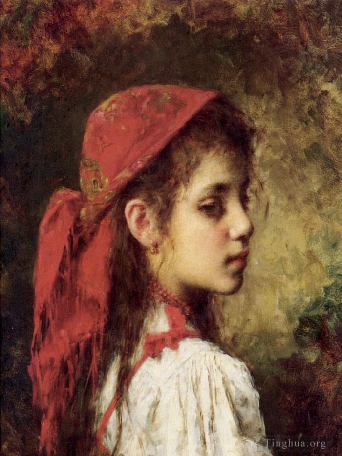 Alexei Alexeievich Harlamoff Peinture à l'huile - Portrait d'une jeune fille au foulard rouge