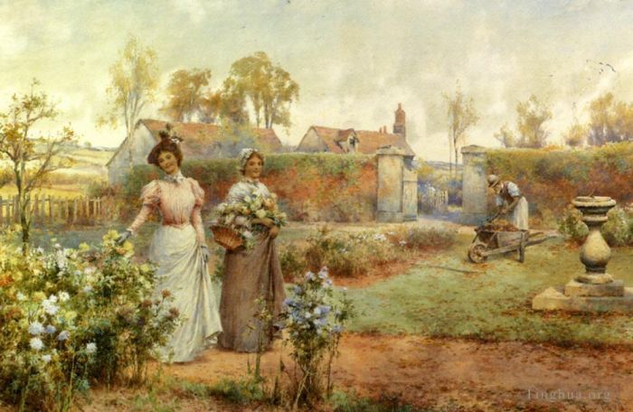 Alfred Glendening Peinture à l'huile - Une dame et sa servante cueillant des chrysanthèmes