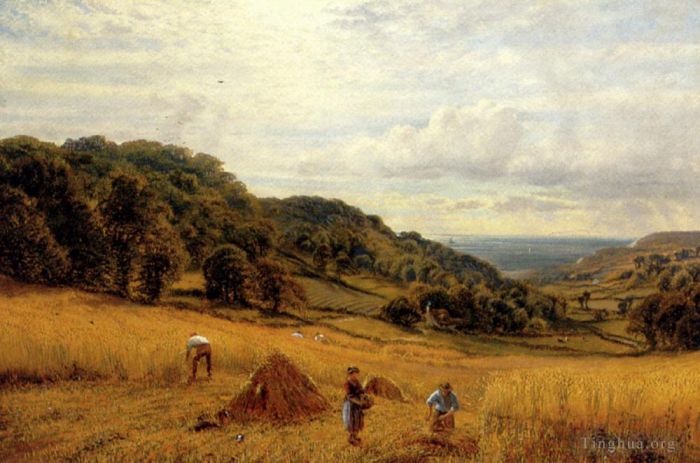 Alfred Glendening Peinture à l'huile - Récolte à Luccombe, île de Wight