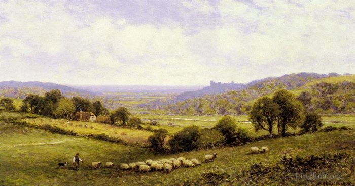 Alfred Glendening Peinture à l'huile - Près d'Amberley Sussex avec le château d'Arundel au loin