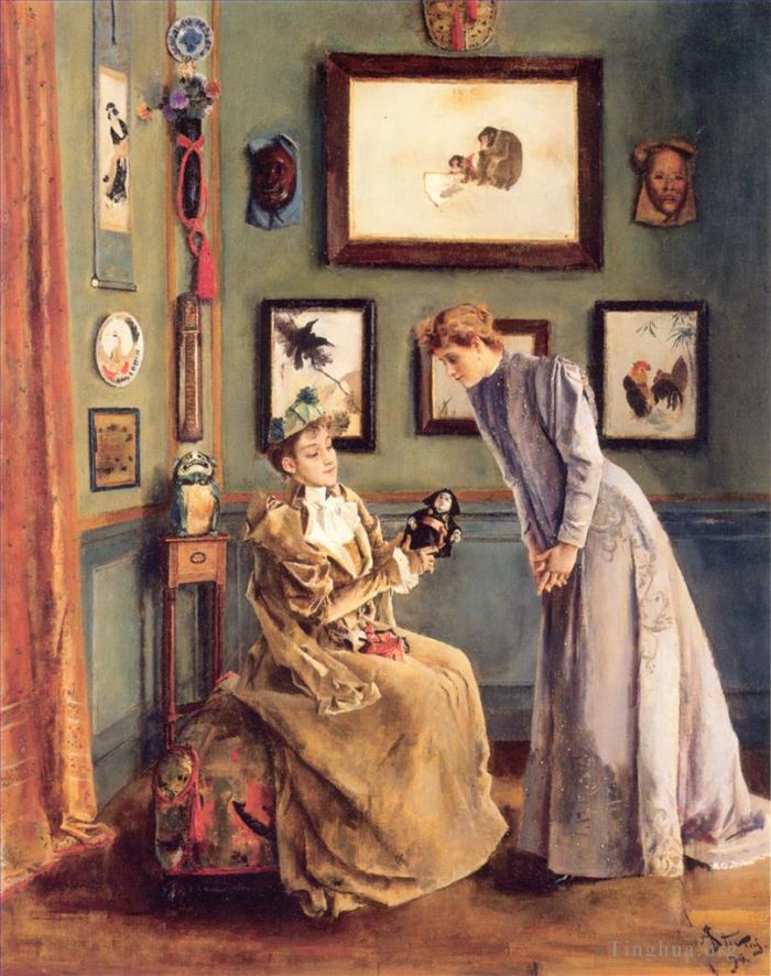 Alfred Émile Léopold Stevens Peinture à l'huile - Une femme à la poupee japonaise