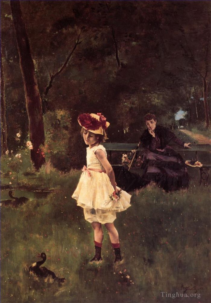 Alfred Émile Léopold Stevens Peinture à l'huile - À La Fillette au Canard