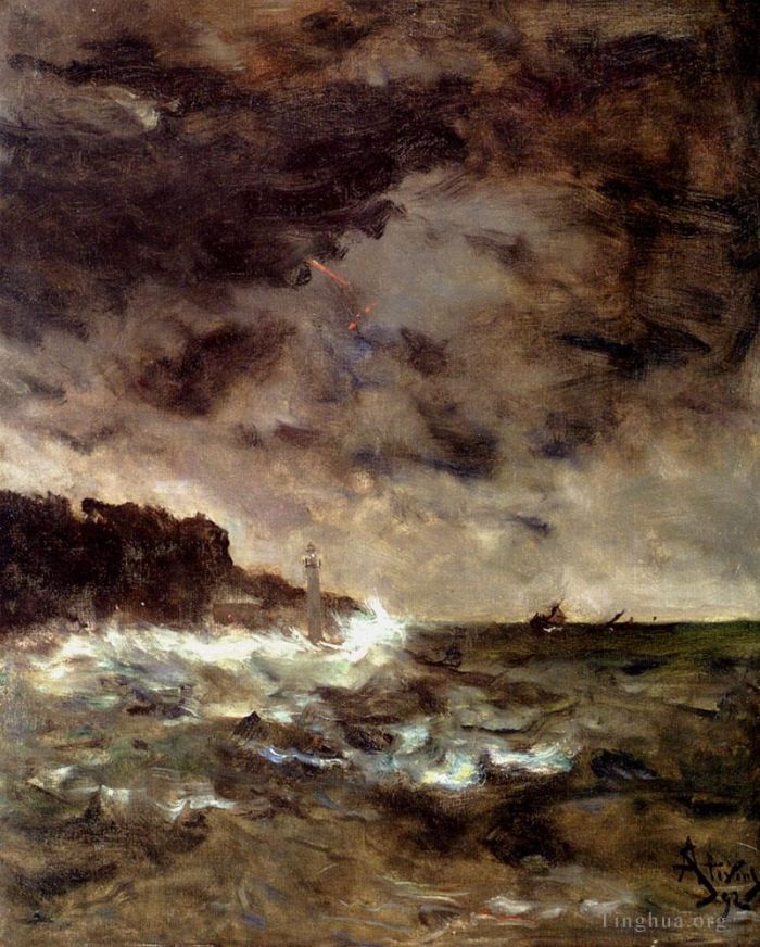 Alfred Émile Léopold Stevens Peinture à l'huile - Un paysage marin de nuit orageuse Alfred Stevens