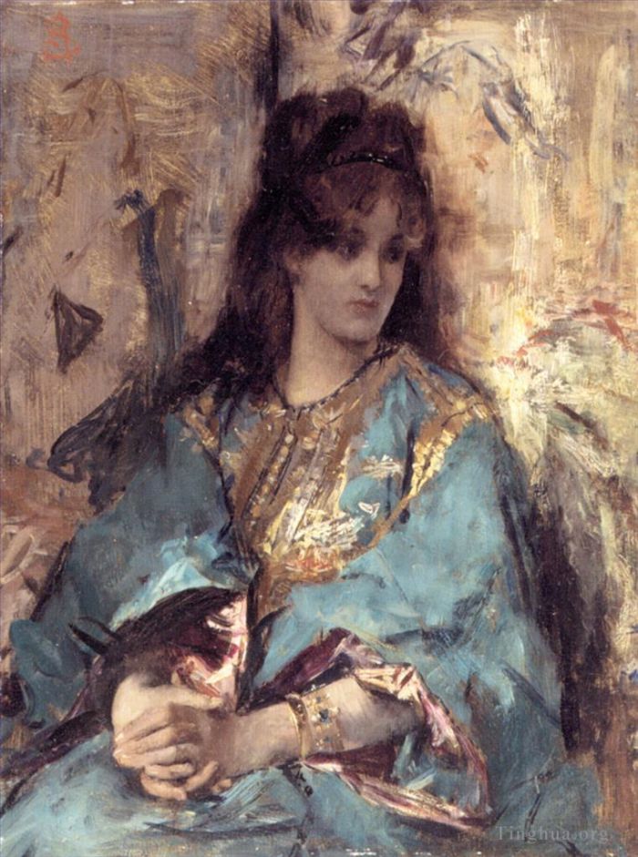 Alfred Émile Léopold Stevens Peinture à l'huile - Une femme assise en robe orientale