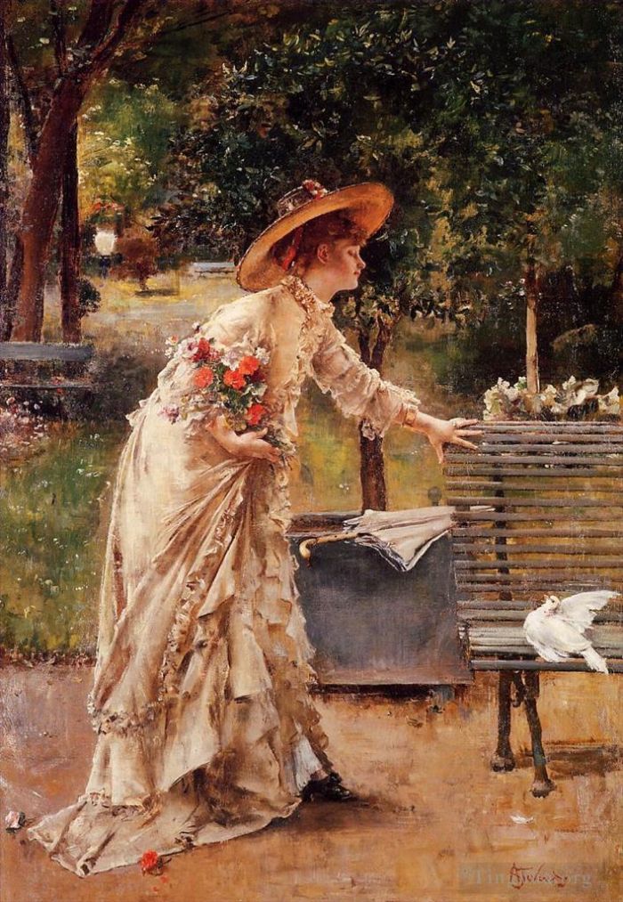 Alfred Émile Léopold Stevens Peinture à l'huile - Après-midi au parc