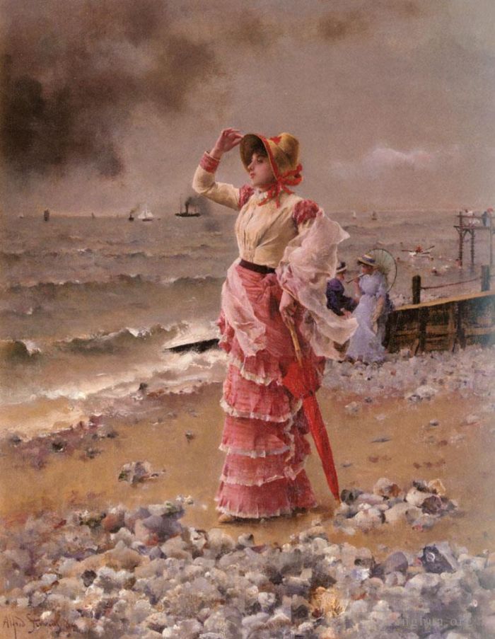 Alfred Émile Léopold Stevens Peinture à l'huile - Femme Elegante Voyant Filer Un Vapeur