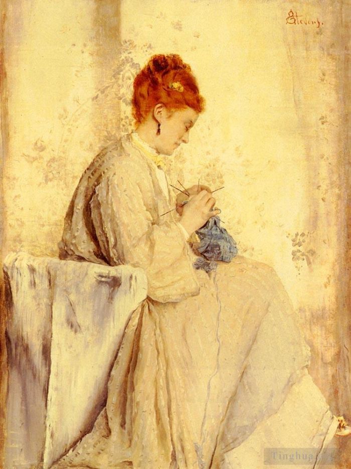 Alfred Émile Léopold Stevens Peinture à l'huile - La Tricoteuse