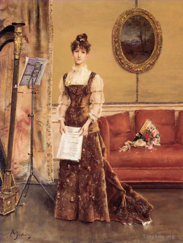 Alfred Émile Léopold Stevens Peinture à l'huile - La Femme à la Harpe