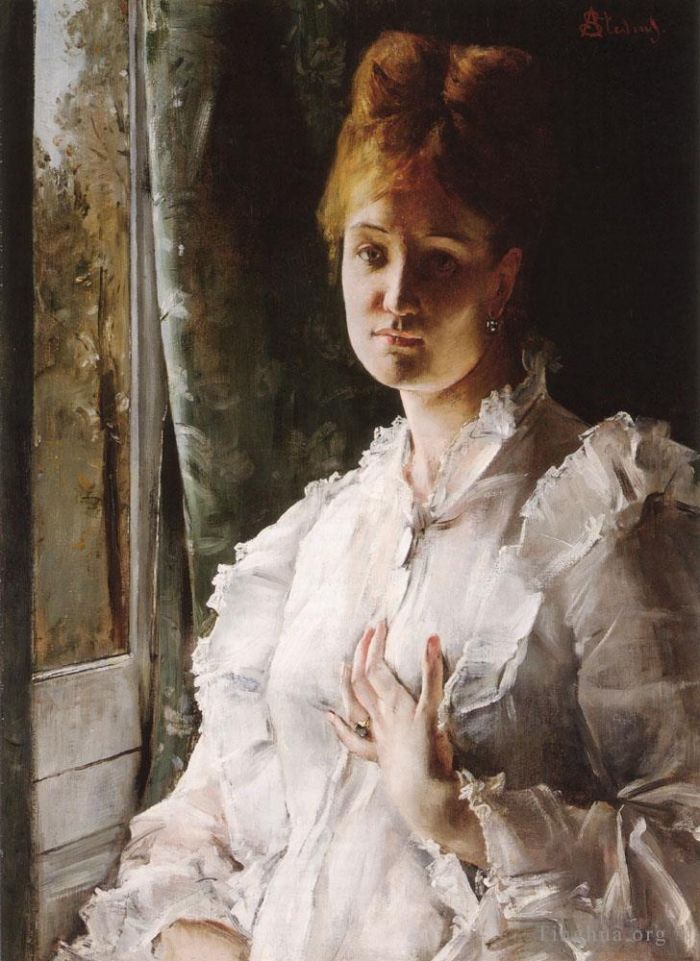 Alfred Émile Léopold Stevens Peinture à l'huile - Portrait d'une femme en blanc