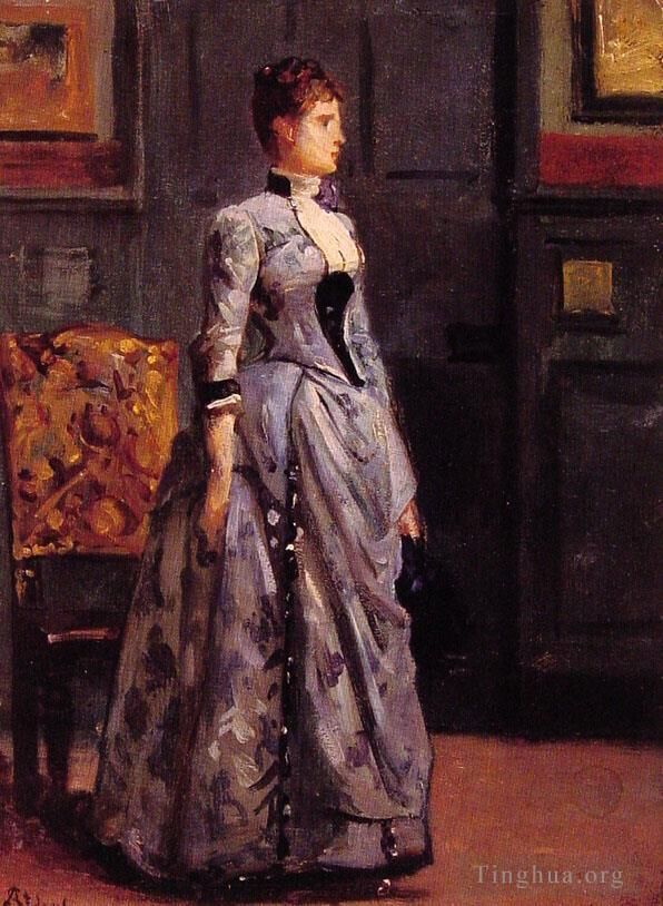 Alfred Émile Léopold Stevens Peinture à l'huile - Portrait d'une femme en bleu