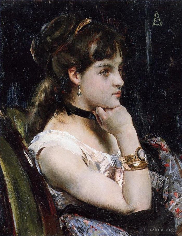 Alfred Émile Léopold Stevens Peinture à l'huile - Femme portant un bracelet
