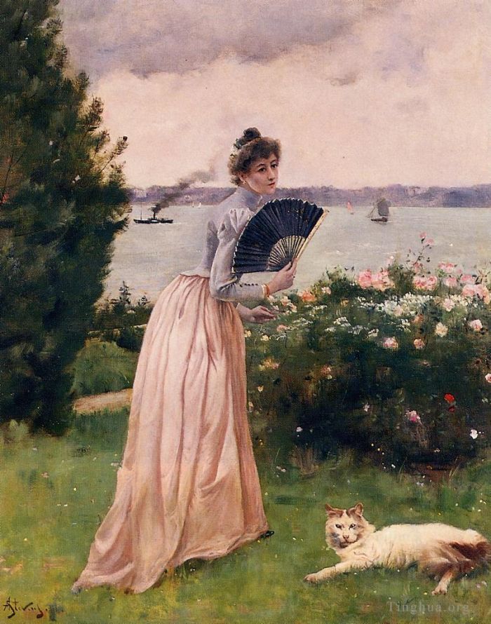 Alfred Émile Léopold Stevens Peinture à l'huile - Femme avec un éventail