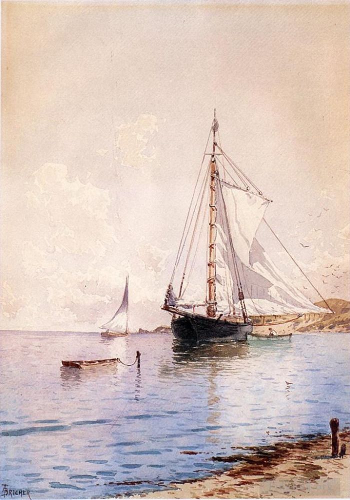Alfred Thompson Bricher Peinture à l'huile - Séchage de la grand-voile au mouillage