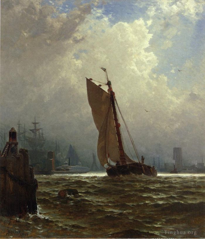 Alfred Thompson Bricher Peinture à l'huile - Port de New York avec le pont de Brooklyn en construction