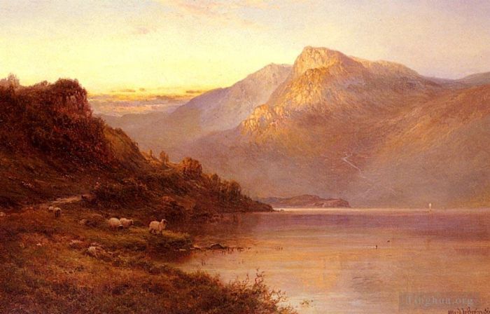 Alfred de Breanski Sr Peinture à l'huile - Coucher de soleil sur le Loch