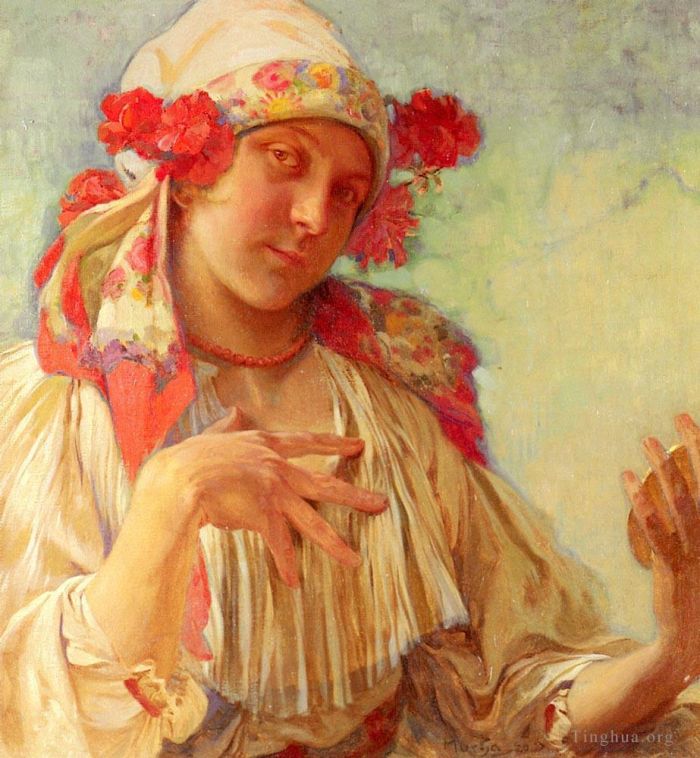 Alfons Maria Mucha Peinture à l'huile - Maria jeune fille en costume morave