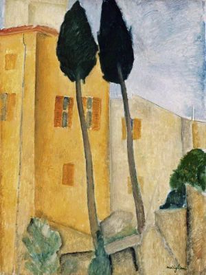 Amedeo Clemente Modigliani œuvres - cyprès et maison 1919