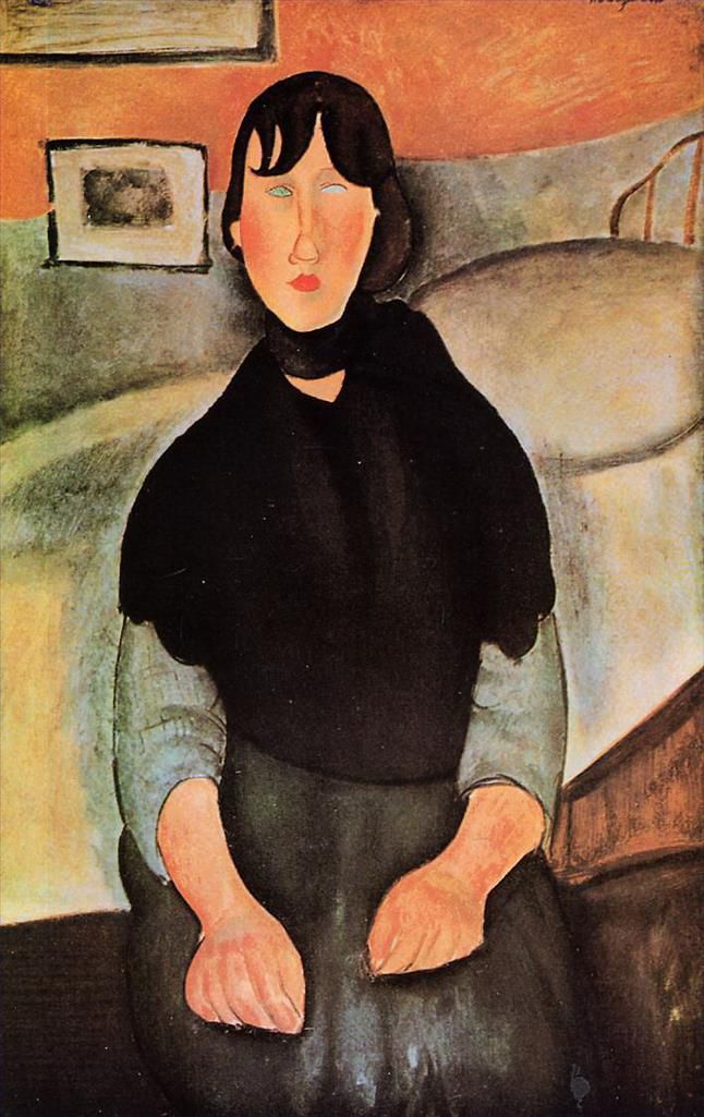Amedeo Clemente Modigliani Peinture à l'huile - jeune femme sombre assise près d'un lit 1918