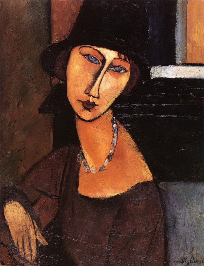 Amedeo Clemente Modigliani Peinture à l'huile - Jeanne Hébuterne avec chapeau et collier 1917