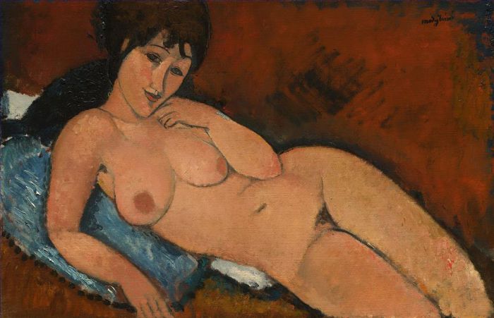 Amedeo Clemente Modigliani Peinture à l'huile - nu sur un coussin bleu