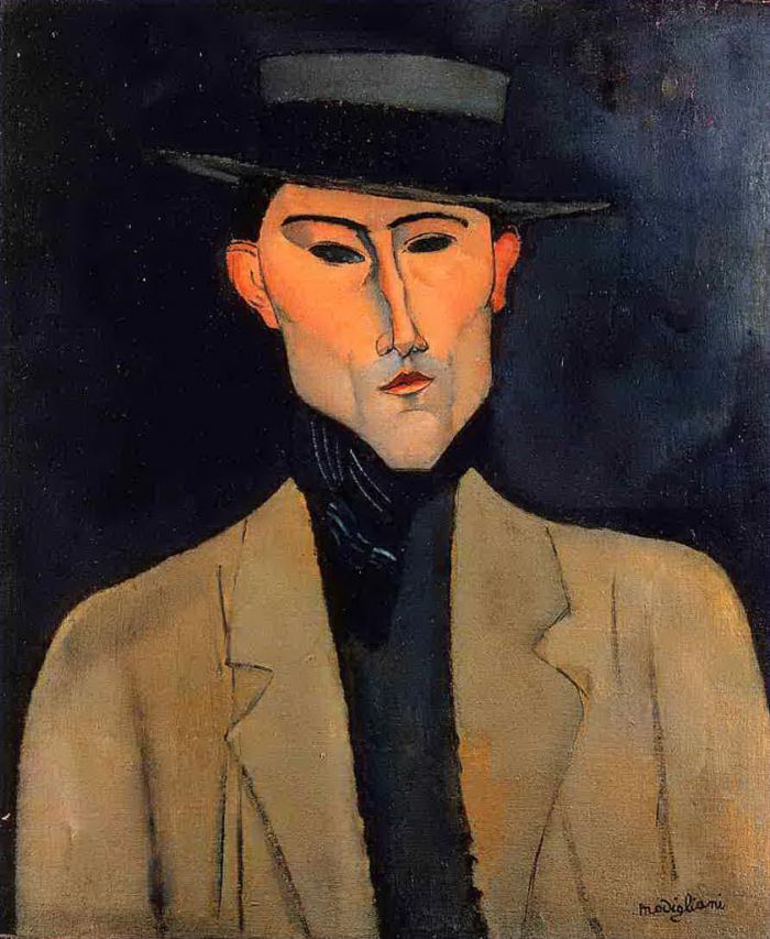 Amedeo Clemente Modigliani Peinture à l'huile - portrait d'un homme avec un chapeau José Pacheco