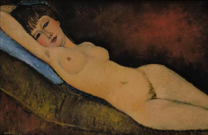 Amedeo Clemente Modigliani Peinture à l'huile - Nu Couche au coussin Bleu