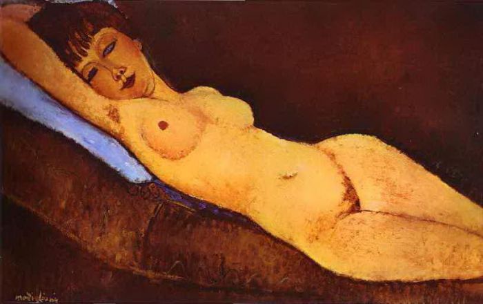 Amedeo Clemente Modigliani Peinture à l'huile - Nu allongé avec coussin bleu 1917