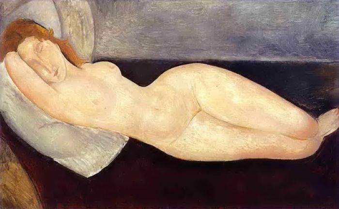 Amedeo Clemente Modigliani Peinture à l'huile - Nu allongé la tête posée sur le bras droit 1919