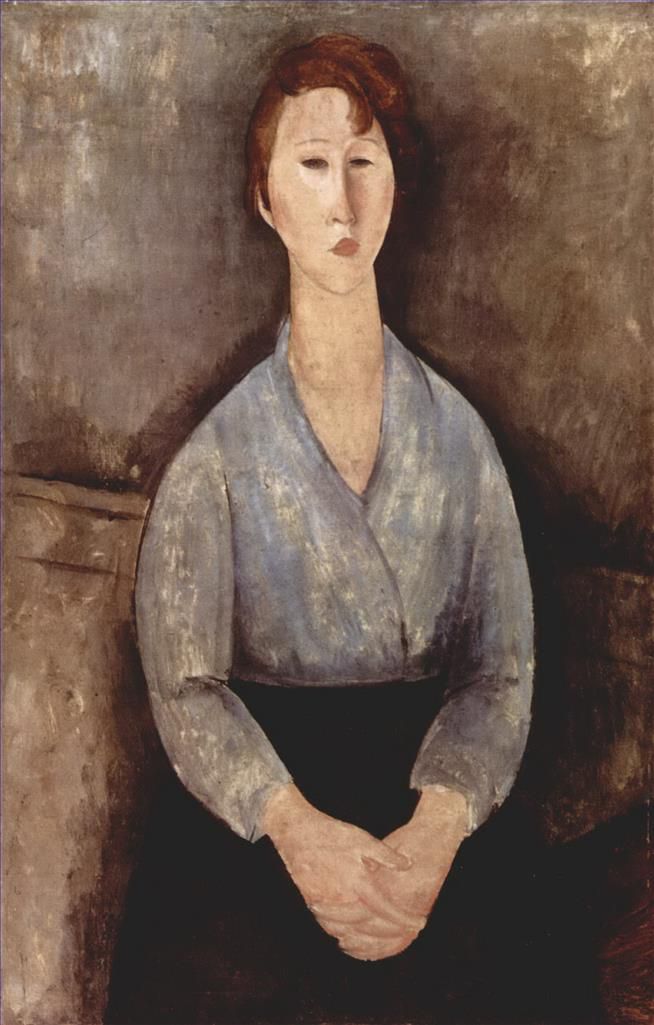 Amedeo Clemente Modigliani Peinture à l'huile - femme assise portant un chemisier bleu 1919